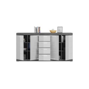 Buffet SCOTT – 4 portes et 4 tiroirs – Gris foncé et blanc – 165x85x37 cm 