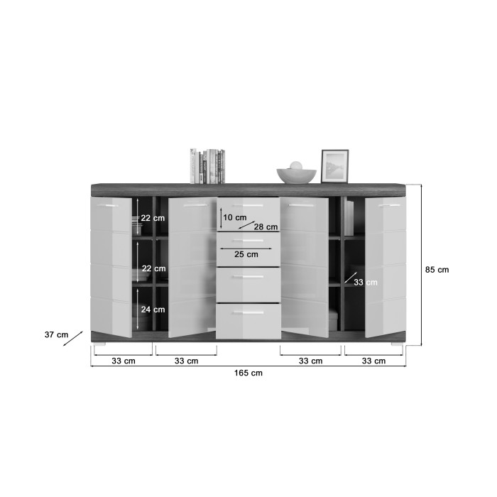 Buffet SCOTT – 4 portes et 4 tiroirs – Gris foncé et blanc – 165x85x37 cm 