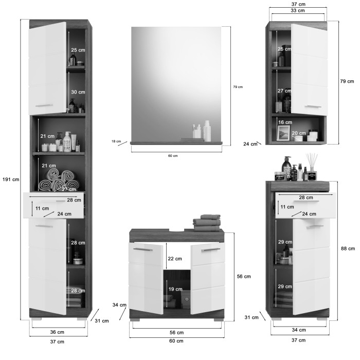 Ensemble salle de bain SCOTT – Meuble sous vasque, miroir, colonne et 2 demi-colonnes – Gris foncé et blanc 