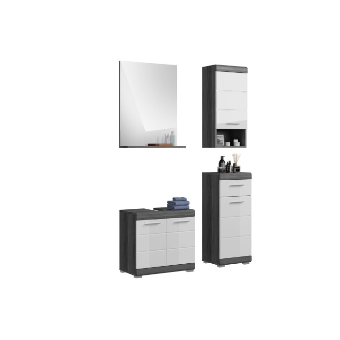 Ensemble salle de bain SCOTT – Meuble sous vasque, miroir et 2 demi-colonnes – Gris foncé et blanc 