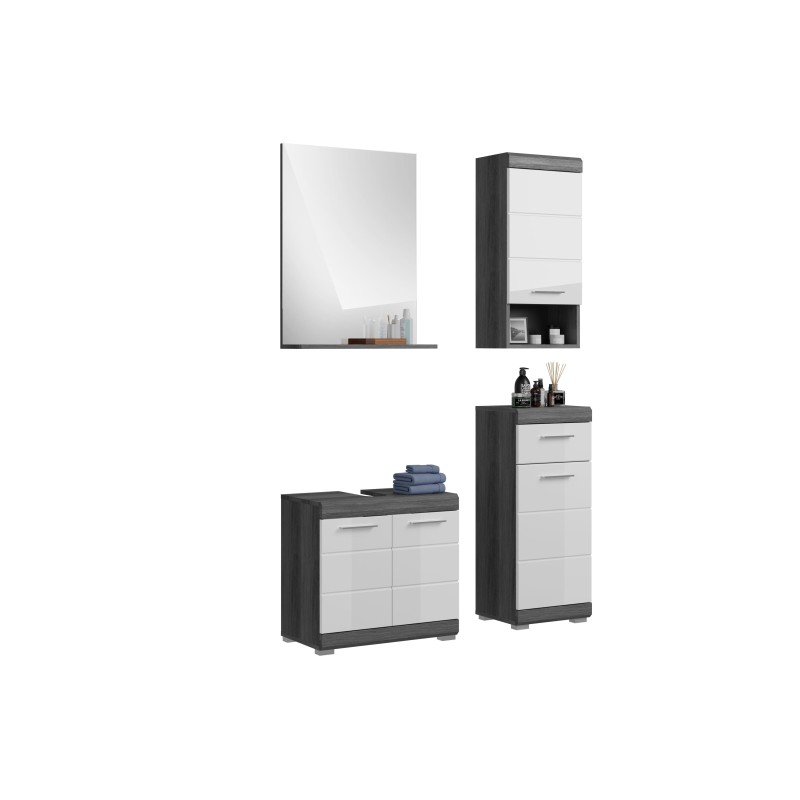 Ensemble salle de bain SCOTT – Meuble sous vasque, miroir et 2 demi-colonnes – Gris foncé et blanc 