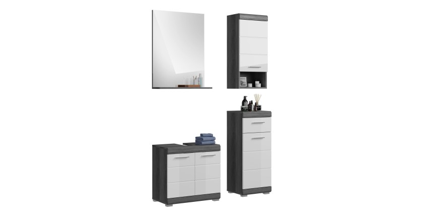 Ensemble salle de bain SCOTT – Meuble sous vasque, miroir et 2 demi-colonnes – Gris foncé et blanc 