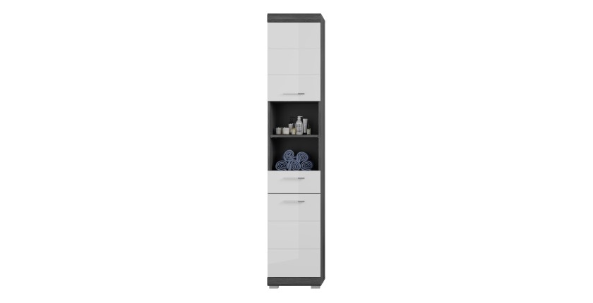 Ensemble salle de bain SCOTT – Meuble sous vasque, meuble de rangement avec miroir, colonne et 2 demi-colonnes – Gris foncé et b