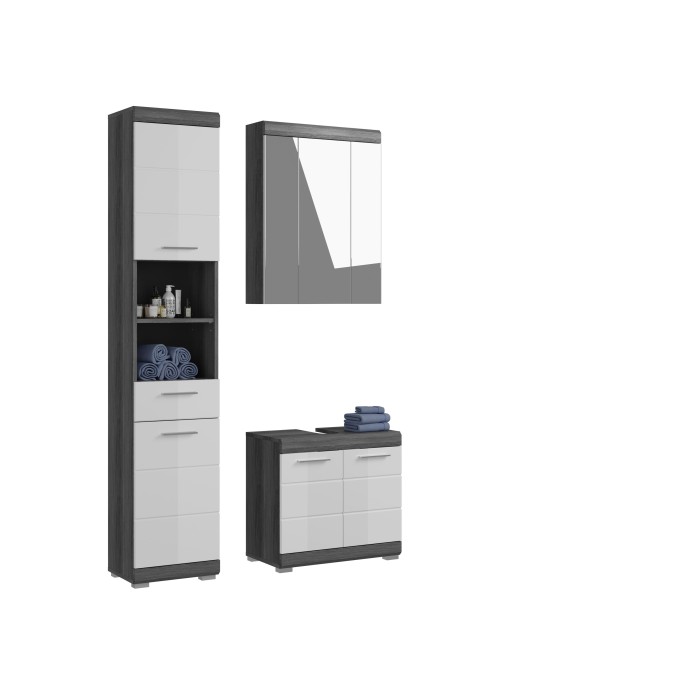 Ensemble salle de bain SCOTT – Meuble sous vasque, meuble de rangement avec miroir et colonne – Gris foncé et blanc 