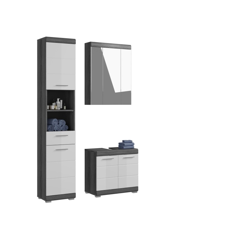 Ensemble salle de bain SCOTT – Meuble sous vasque, meuble de rangement avec miroir et colonne – Gris foncé et blanc 