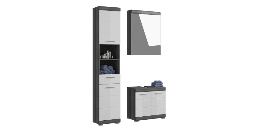 Ensemble salle de bain SCOTT – Meuble sous vasque, meuble de rangement avec miroir et colonne – Gris foncé et blanc 