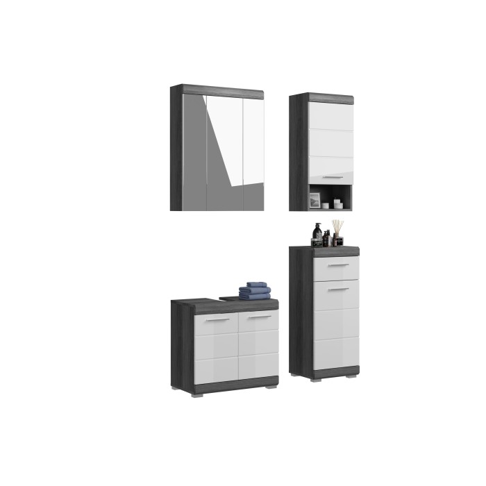 Ensemble salle de bain SCOTT – Meuble sous vasque, meuble de rangement avec miroir et 2 demi-colonnes – Gris foncé et blanc 