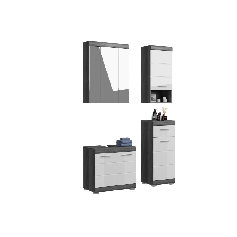 Ensemble salle de bain SCOTT – Meuble sous vasque, meuble de rangement avec miroir et 2 demi-colonnes – Gris foncé et blanc 