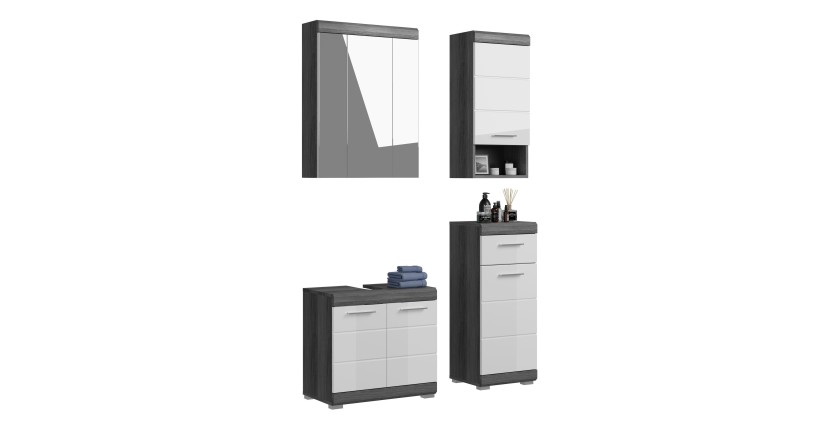 Ensemble salle de bain SCOTT – Meuble sous vasque, meuble de rangement avec miroir et 2 demi-colonnes – Gris foncé et blanc 