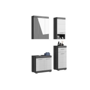 Ensemble salle de bain SCOTT – Meuble sous vasque, meuble de rangement avec miroir et 2 demi-colonnes – Gris foncé et blanc 