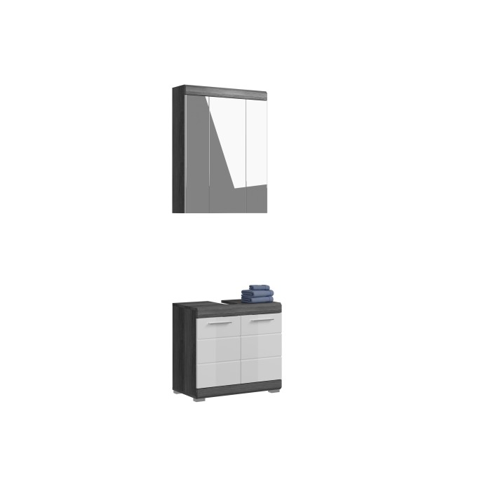 Ensemble salle de bain SCOTT – Meuble sous vasque et meuble de rangement avec miroir – Gris foncé et blanc 