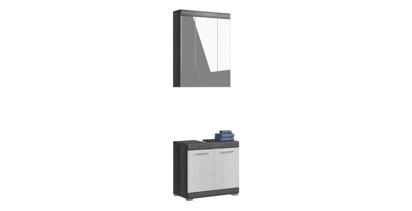 Ensemble salle de bain SCOTT – Meuble sous vasque et meuble de rangement avec miroir – Gris foncé et blanc 