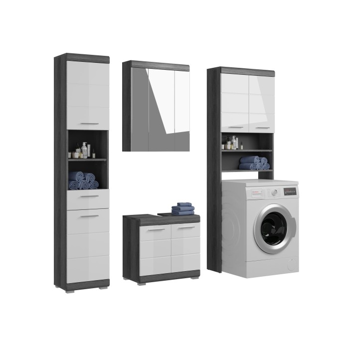 Ensemble salle de bain SCOTT – Meuble sous vasque, colonne, rangement miroir et meuble machine à laver – Gris foncé et blanc 
