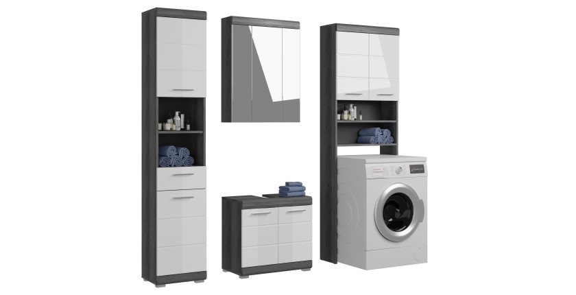 Ensemble salle de bain SCOTT – Meuble sous vasque, colonne, rangement miroir et meuble machine à laver – Gris foncé et blanc 