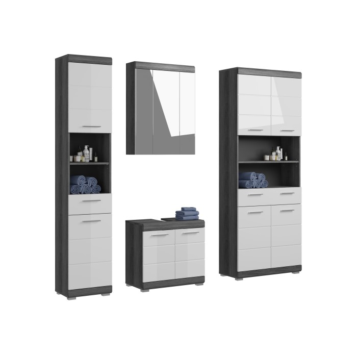 Ensemble salle de bain SCOTT – Meuble sous vasque, colonne, rangement miroir et meuble de rangement – Gris foncé et blanc 