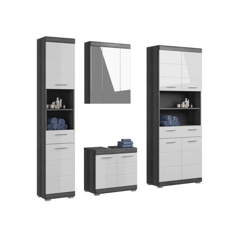 Ensemble salle de bain SCOTT – Meuble sous vasque, colonne, rangement miroir et meuble de rangement – Gris foncé et blanc 