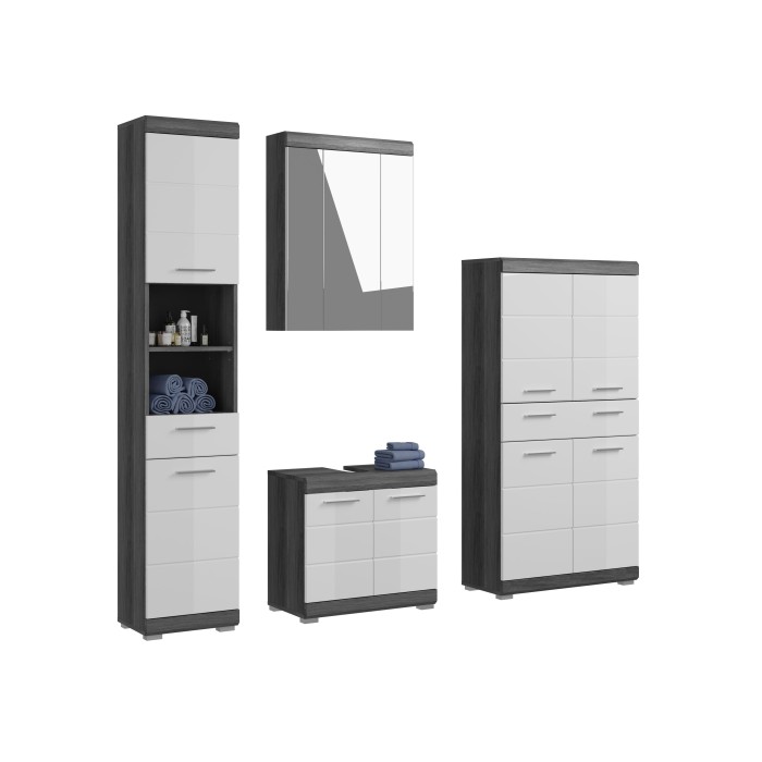 Ensemble salle de bain SCOTT – Meuble sous vasque, colonne, rangement miroir et meuble de rangement – Gris foncé et blanc 