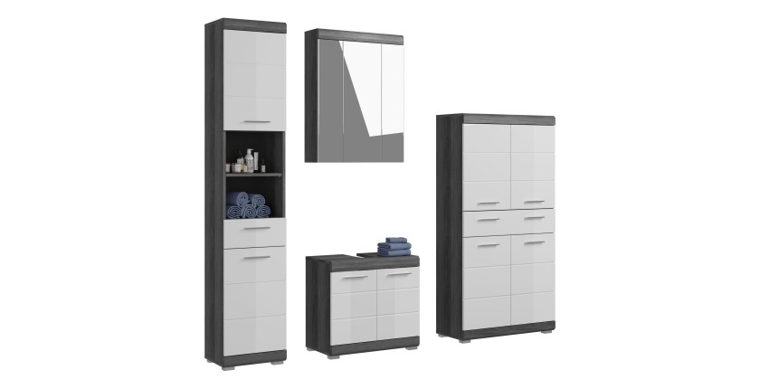 Ensemble salle de bain SCOTT – Meuble sous vasque, colonne, rangement miroir et meuble de rangement – Gris foncé et blanc 
