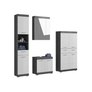 Ensemble salle de bain SCOTT – Meuble sous vasque, colonne, rangement miroir et meuble de rangement – Gris foncé et blanc 