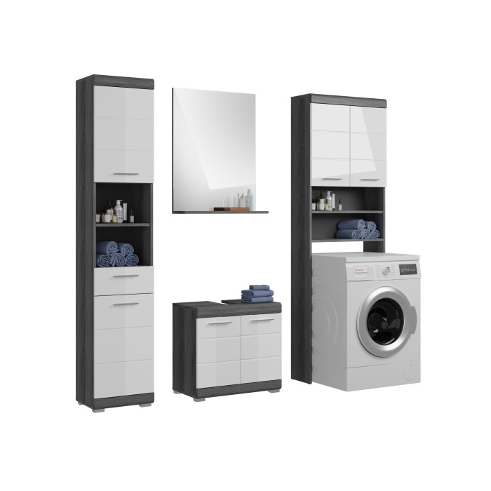 Ensemble salle de bain SCOTT – Meuble sous vasque, colonne, rangement miroir et meuble de rangement – Gris foncé et blanc 