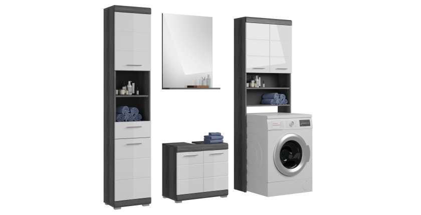 Ensemble salle de bain SCOTT – Meuble sous vasque, colonne, rangement miroir et meuble de rangement – Gris foncé et blanc 