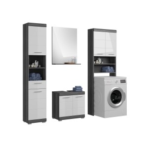 Ensemble salle de bain SCOTT – Meuble sous vasque, colonne, rangement miroir et meuble de rangement – Gris foncé et blanc 