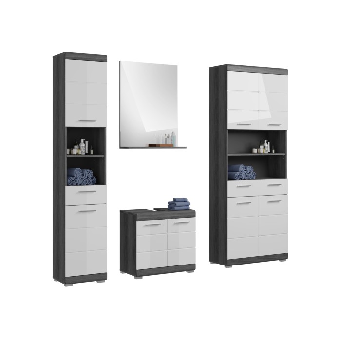 Ensemble salle de bain SCOTT – Meuble sous vasque, colonne, miroir et meuble machine à laver – Gris foncé et blanc 