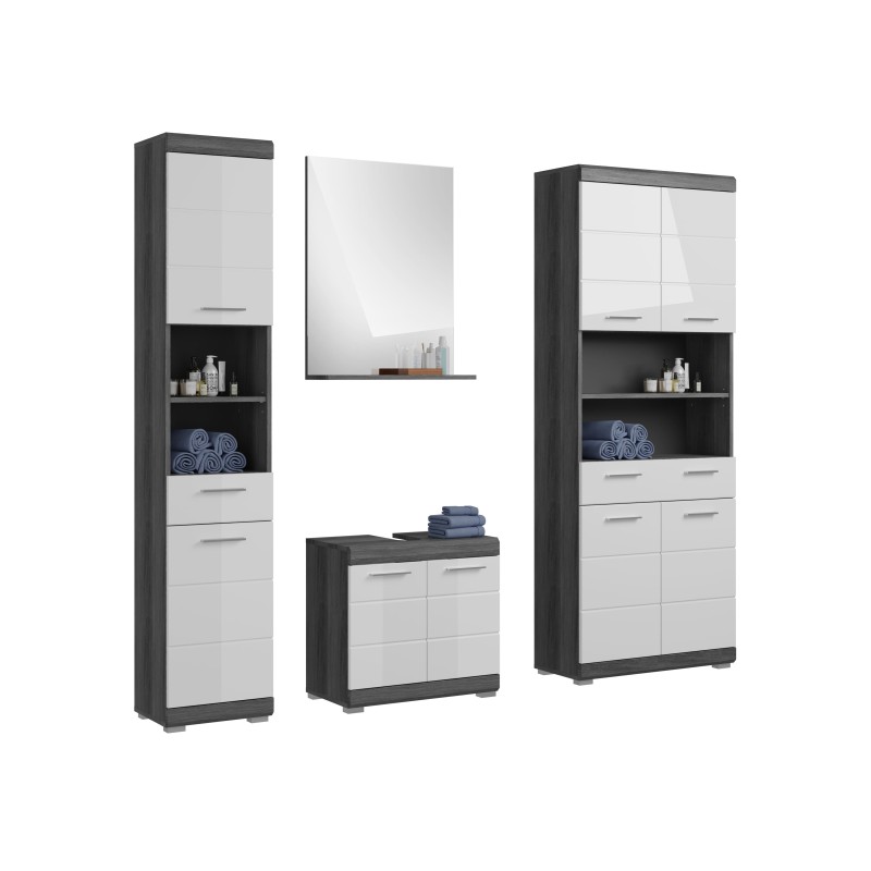 Ensemble salle de bain SCOTT – Meuble sous vasque, colonne, miroir et meuble machine à laver – Gris foncé et blanc 