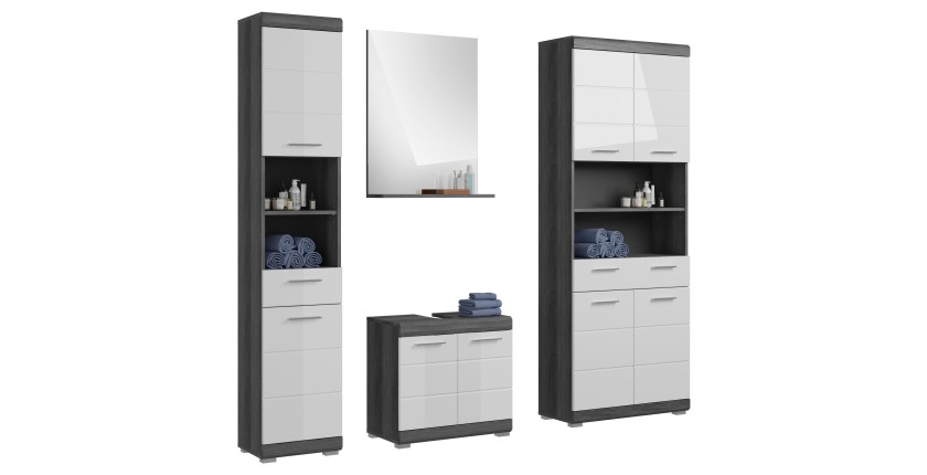 Ensemble salle de bain SCOTT – Meuble sous vasque, colonne, miroir et meuble machine à laver – Gris foncé et blanc 