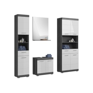 Ensemble salle de bain SCOTT – Meuble sous vasque, colonne, miroir et meuble machine à laver – Gris foncé et blanc 