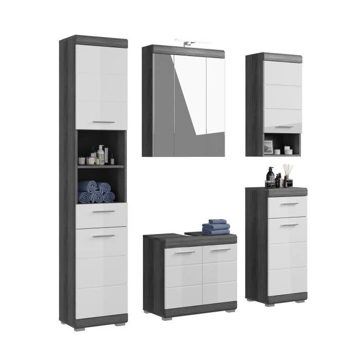 Meuble sous vasque + meuble de rangement avec miroir et LED + colonne + 2 demi colonne 