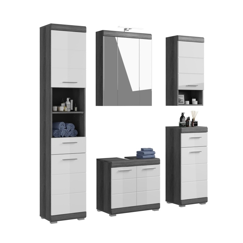 Meuble sous vasque + meuble de rangement avec miroir et LED + colonne + 2 demi colonne 