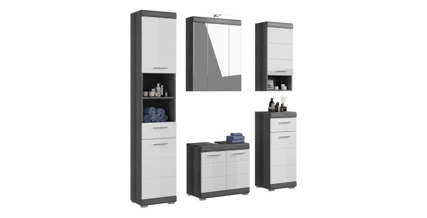 Meuble sous vasque + meuble de rangement avec miroir et LED + colonne + 2 demi colonne 