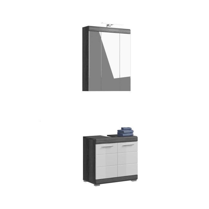 Ensemble salle de bain SCOTT – Meuble sous vasque et armoire de rangement avec miroir LED 