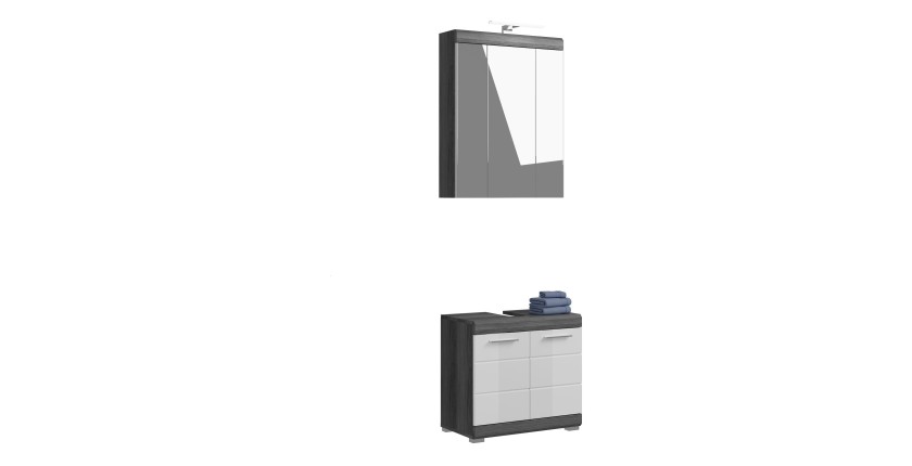 Ensemble salle de bain SCOTT – Meuble sous vasque et armoire de rangement avec miroir LED 