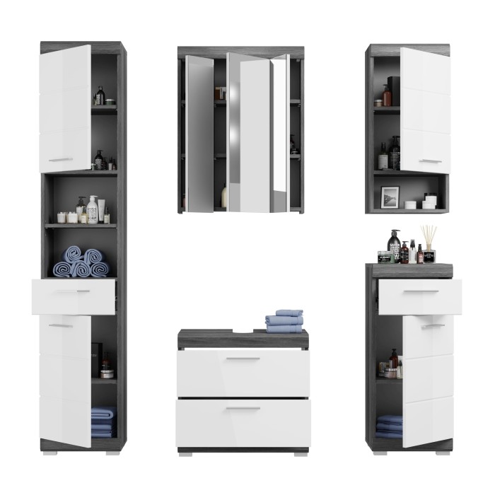 Ensemble salle de bain SCOTT – Meuble sous vasque, colonne, 2 demi-colonnes et miroir 