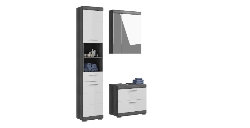 Ensemble salle de bain SCOTT – Meuble sous vasque, colonne et miroir avec rangement 