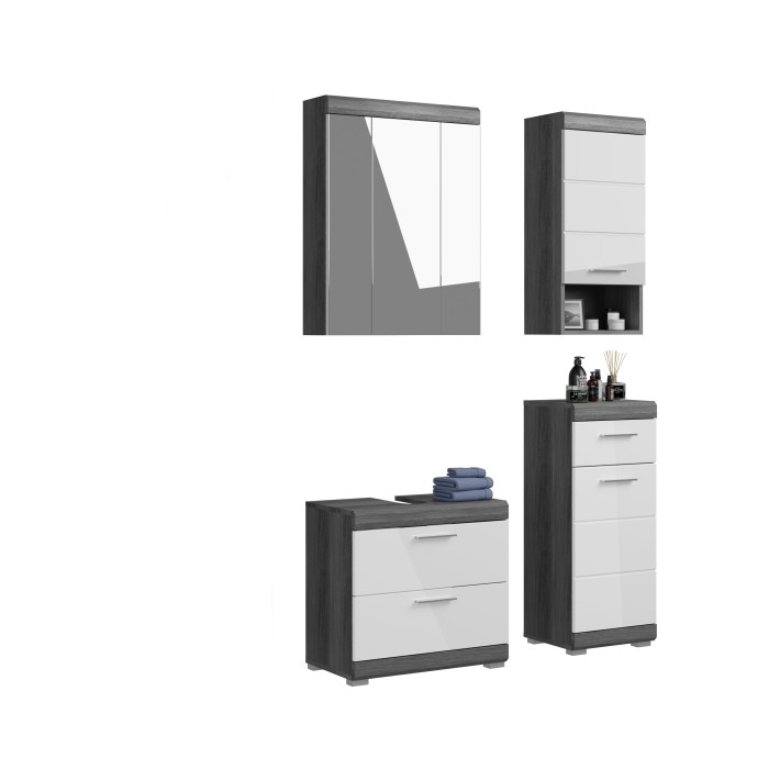 Ensemble salle de bain SCOTT – Meuble sous vasque, colonne et miroir avec rangement 