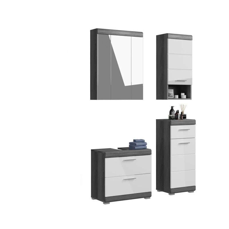 Ensemble salle de bain SCOTT – Meuble sous vasque, colonne et miroir avec rangement 