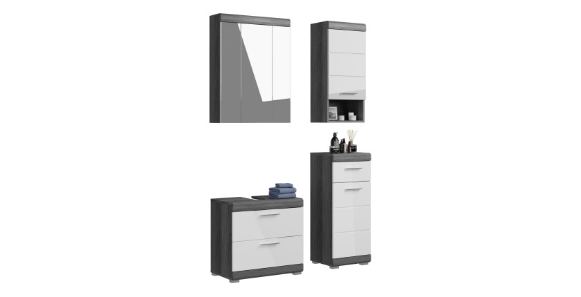 Ensemble salle de bain SCOTT – Meuble sous vasque, colonne et miroir avec rangement 