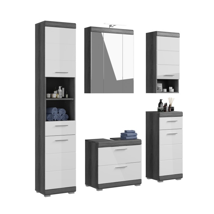 Ensemble salle de bain SCOTT – Meuble sous vasque, miroir LED, colonne et demi-colonnes 