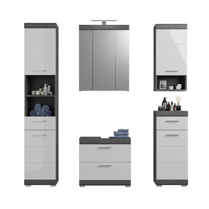 Ensemble salle de bain SCOTT – Meuble sous vasque, miroir LED, colonne et demi-colonnes 