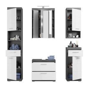 Ensemble salle de bain SCOTT – Meuble sous vasque, miroir LED, colonne et demi-colonnes 