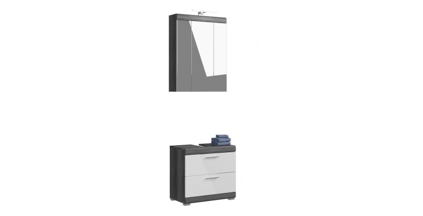 Ensemble salle de bain SCOTT – Meuble sous vasque et rangement avec miroir LED 