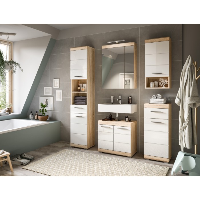 Demi colonne de salle de bain RIDLEY – 1 tiroir et 1 niche – Blanc et chêne clair 