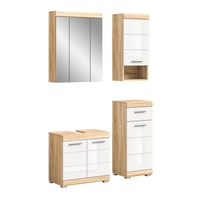 Ensemble de meubles de salle de bain RIDLEY – Meuble sous vasque, rangement miroir, 2 demi colonnes – Blanc et chêne clair 