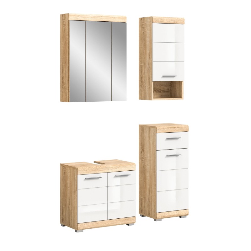 Ensemble de meubles de salle de bain RIDLEY – Meuble sous vasque, rangement miroir, 2 demi colonnes – Blanc et chêne clair 