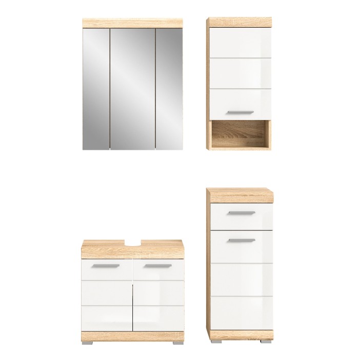 Ensemble de meubles de salle de bain RIDLEY – Meuble sous vasque, rangement miroir, 2 demi colonnes – Blanc et chêne clair 