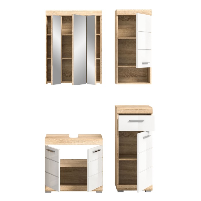Ensemble de meubles de salle de bain RIDLEY – Meuble sous vasque, rangement miroir, 2 demi colonnes – Blanc et chêne clair 
