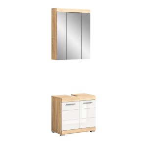 Ensemble de meubles de salle de bain RIDLEY – Meuble sous vasque et rangement miroir – Blanc et chêne clair 